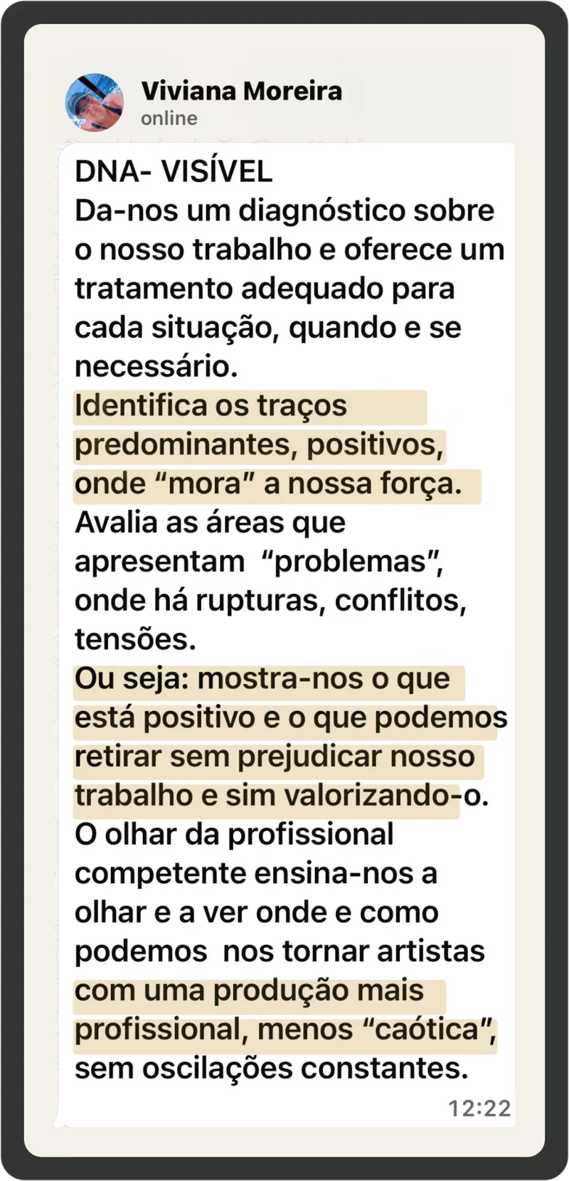 Print de conversa de WhatsApp com depoimento da artista Viviana