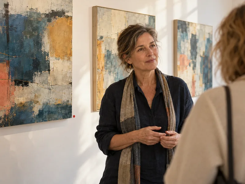 Artista em uma galeria diante de telas abstratas, uma delas com um ponto vermelho de obra vendida