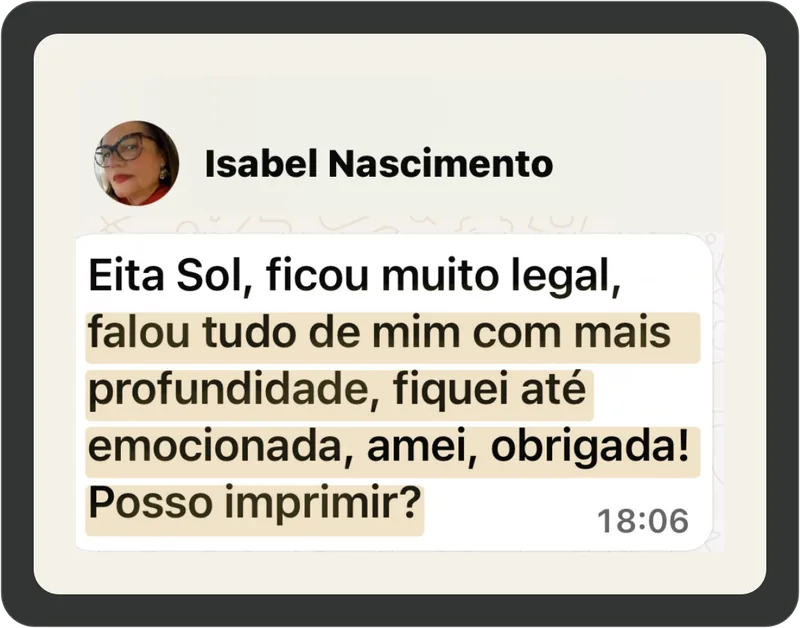 Print de conversa de WhatsApp com depoimento da artista Isabel