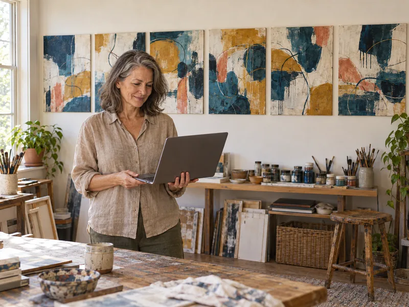 Artista em pé com um notebook nas mãos, diante de seis telas abstratas penduradas em fileira