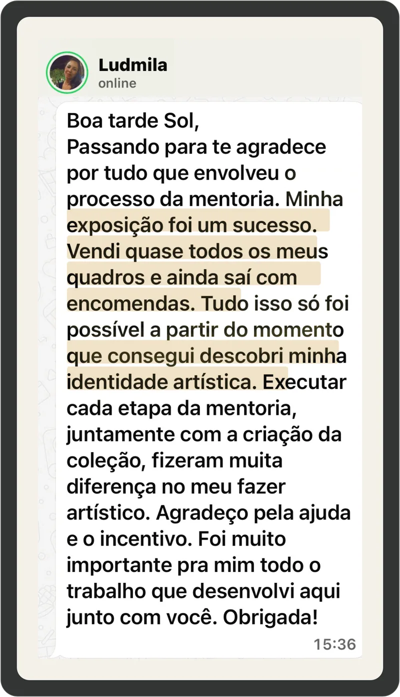 Print de conversa de WhatsApp com depoimento da artista Ludmila